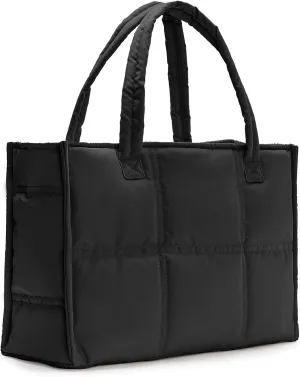 Puffy Tote Bag for Women Work Black Beige Large Tote Puffer Bag Travel Soft Quilted Shoulder Handbag for Women Up to 17"