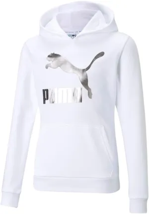 PUMA Kids Girls Classics Metallic Logo Hoodie Athletic Outerwear Casual Pockets - White - Size L