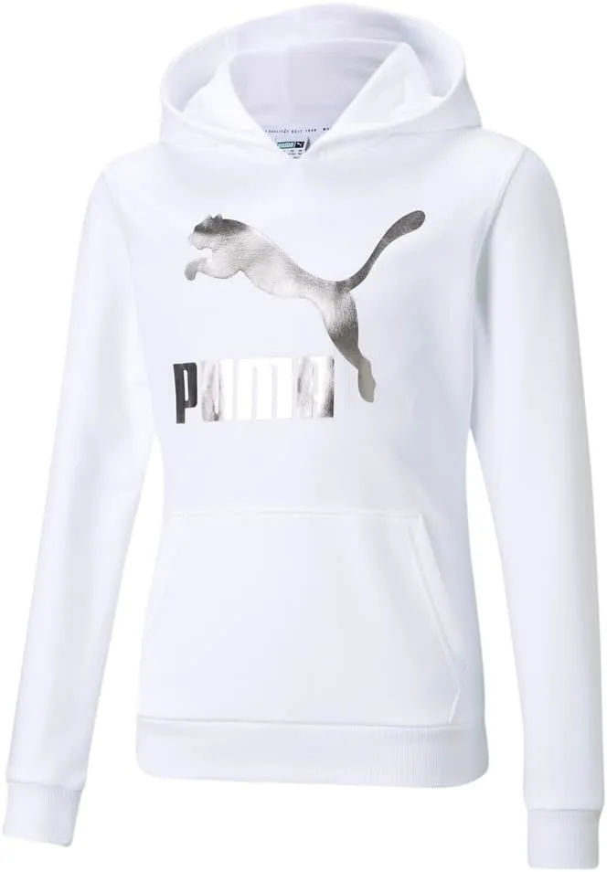PUMA Kids Girls Classics Metallic Logo Hoodie Athletic Outerwear Casual Pockets - White - Size L