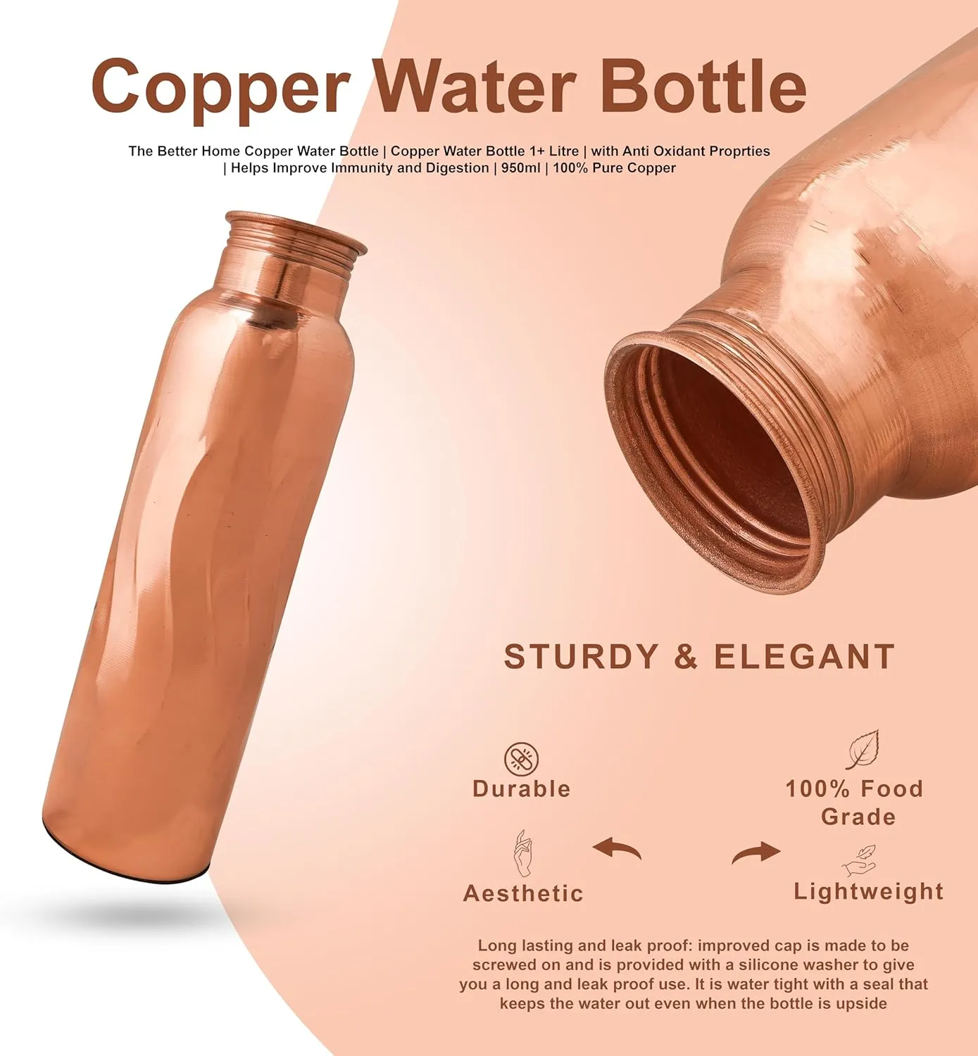 Pure Copper Water Bottle 34 Ounce Natural Copper Bottles, with Zipper Carry Bags for Travel Friedly, Hiking, Gym, Yoga, Meditation Large Ayurvedic Vessel - (1000 ml) Pack of 1, Water Flow Design