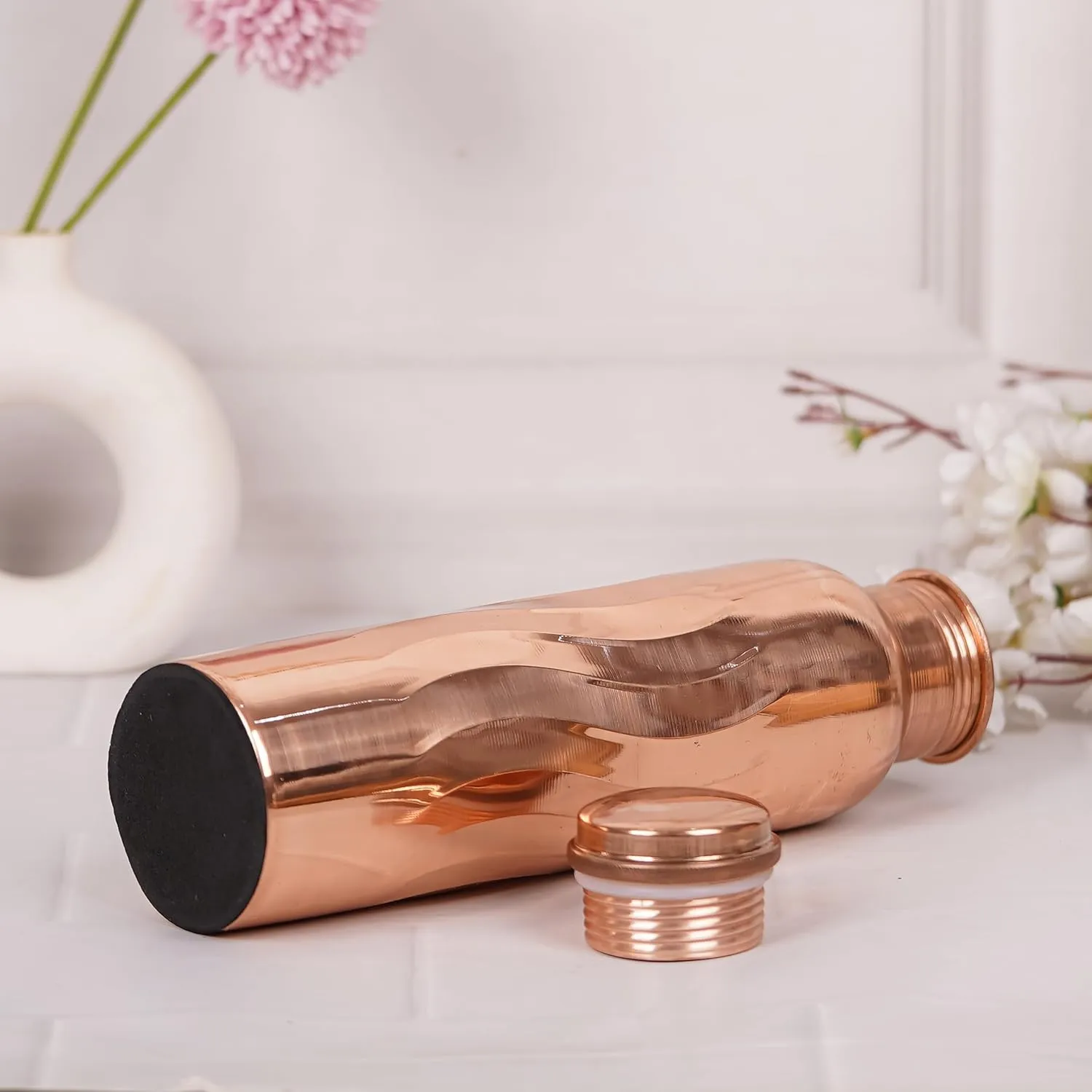 Pure Copper Water Bottle 34 Ounce Natural Copper Bottles, with Zipper Carry Bags for Travel Friedly, Hiking, Gym, Yoga, Meditation Large Ayurvedic Vessel - (1000 ml) Pack of 1, Water Flow Design