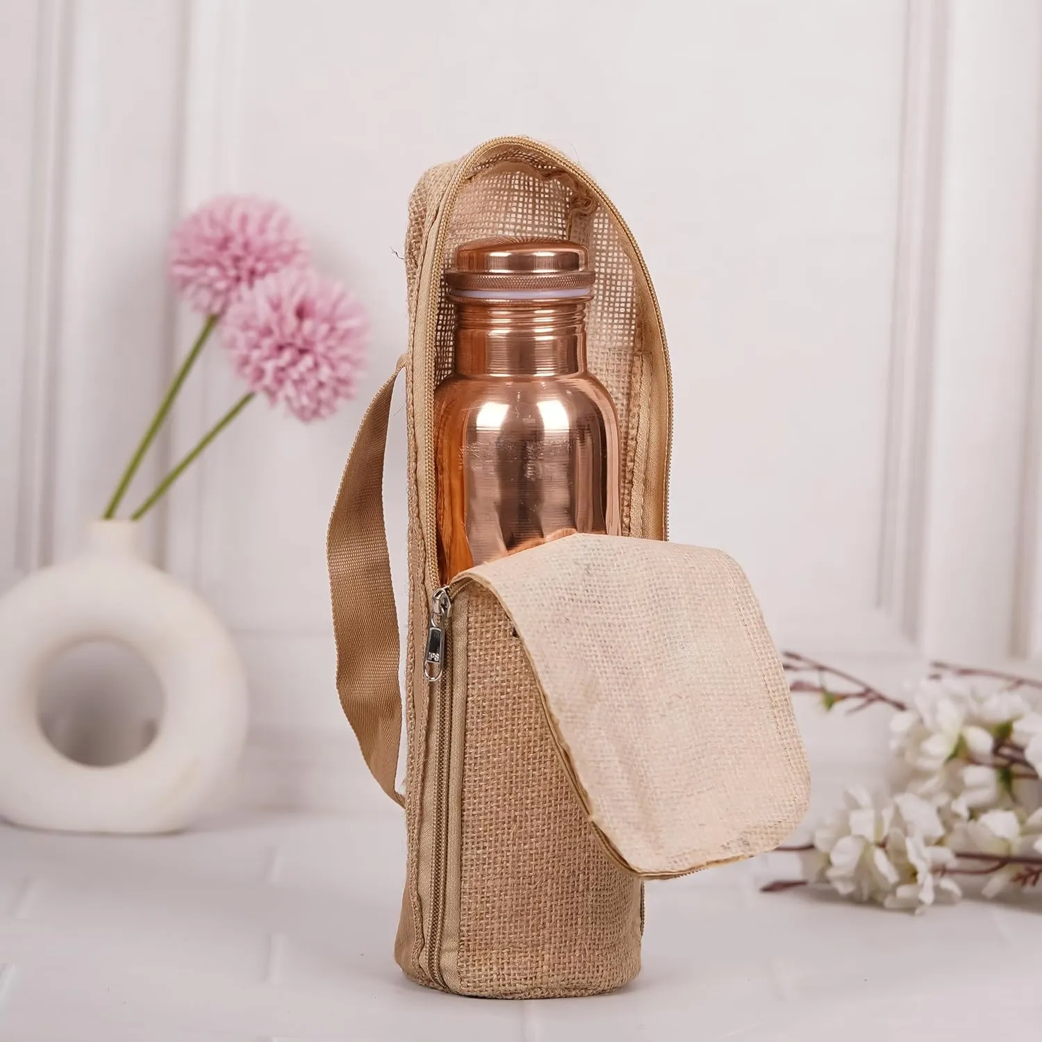 Pure Copper Water Bottle 34 Ounce Natural Copper Bottles, with Zipper Carry Bags for Travel Friedly, Hiking, Gym, Yoga, Meditation Large Ayurvedic Vessel - (1000 ml) Pack of 1, Water Flow Design