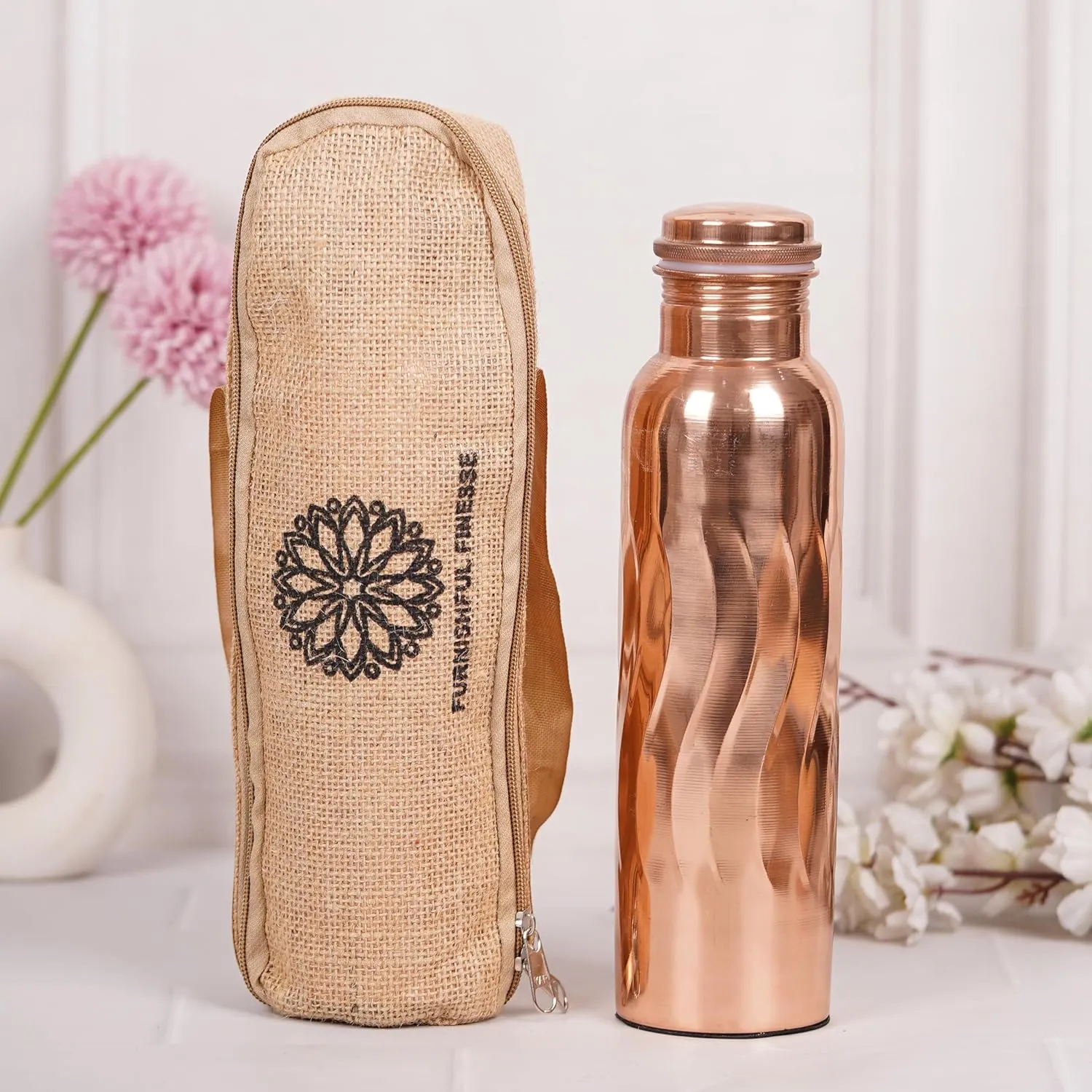 Pure Copper Water Bottle 34 Ounce Natural Copper Bottles, with Zipper Carry Bags for Travel Friedly, Hiking, Gym, Yoga, Meditation Large Ayurvedic Vessel - (1000 ml) Pack of 1, Water Flow Design