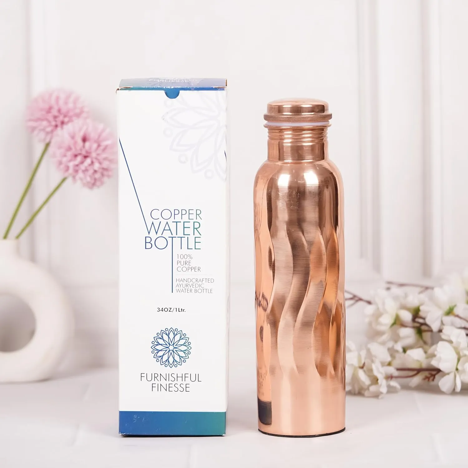 Pure Copper Water Bottle 34 Ounce Natural Copper Bottles, with Zipper Carry Bags for Travel Friedly, Hiking, Gym, Yoga, Meditation Large Ayurvedic Vessel - (1000 ml) Pack of 1, Water Flow Design