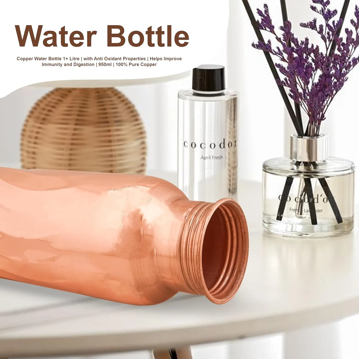 Pure Copper Water Bottle 34 Ounce Natural Copper Bottles, with Zipper Carry Bags for Travel Friedly, Hiking, Gym, Yoga, Meditation Large Ayurvedic Vessel - (1000 ml) Pack of 1, Water Flow Design