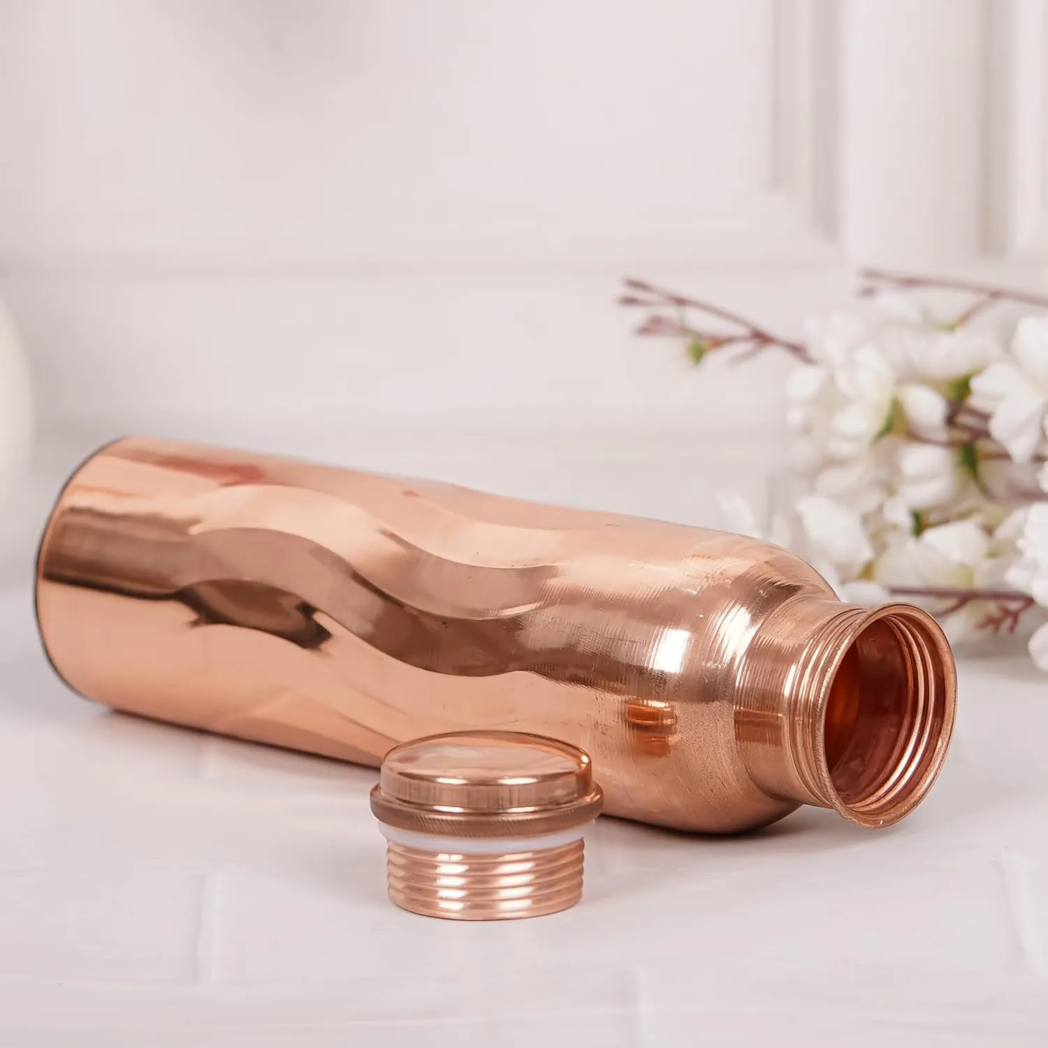 Pure Copper Water Bottle 34 Ounce Natural Copper Bottles, with Zipper Carry Bags for Travel Friedly, Hiking, Gym, Yoga, Meditation Large Ayurvedic Vessel - (1000 ml) Pack of 1, Water Flow Design