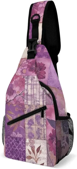 Purple Flowers Collage Sling Bag for Women Men Sports Chest Bag Travel Fanny Pack Crossbody Backpack