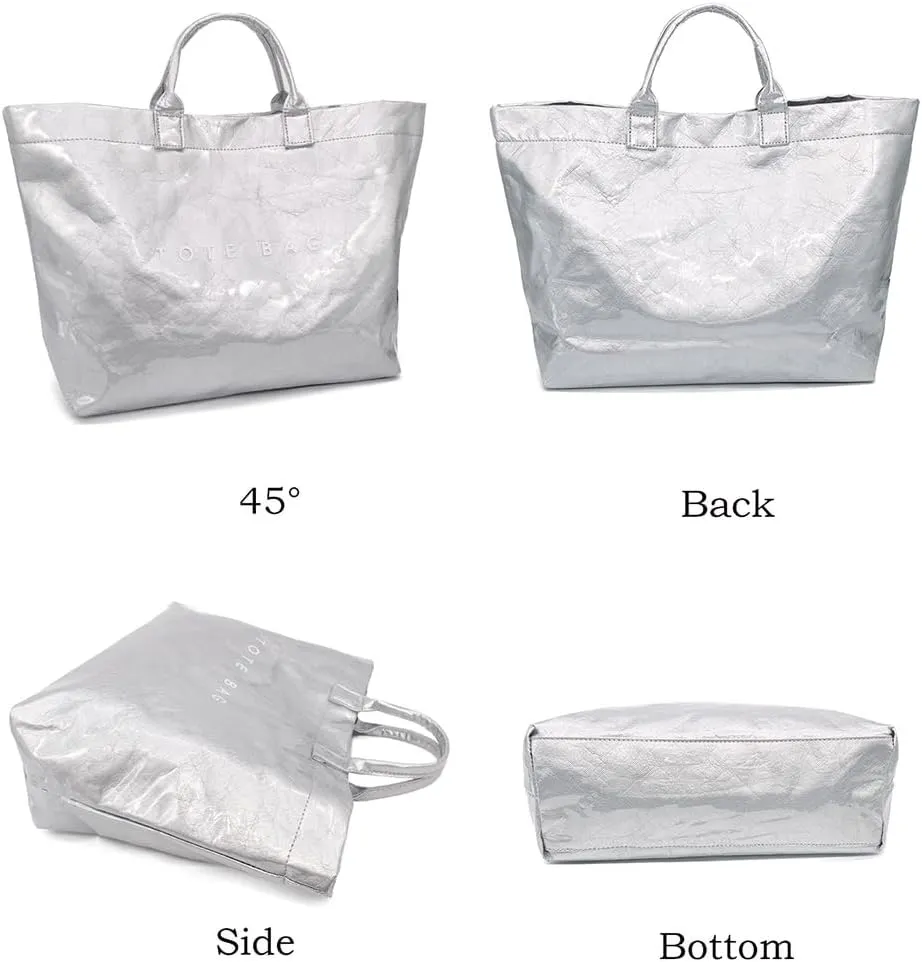 PVC Trendy Tote Bag for Women, Kraft Paper Letter Print Tote Bag Large Work Tote Handbag with Top Handle