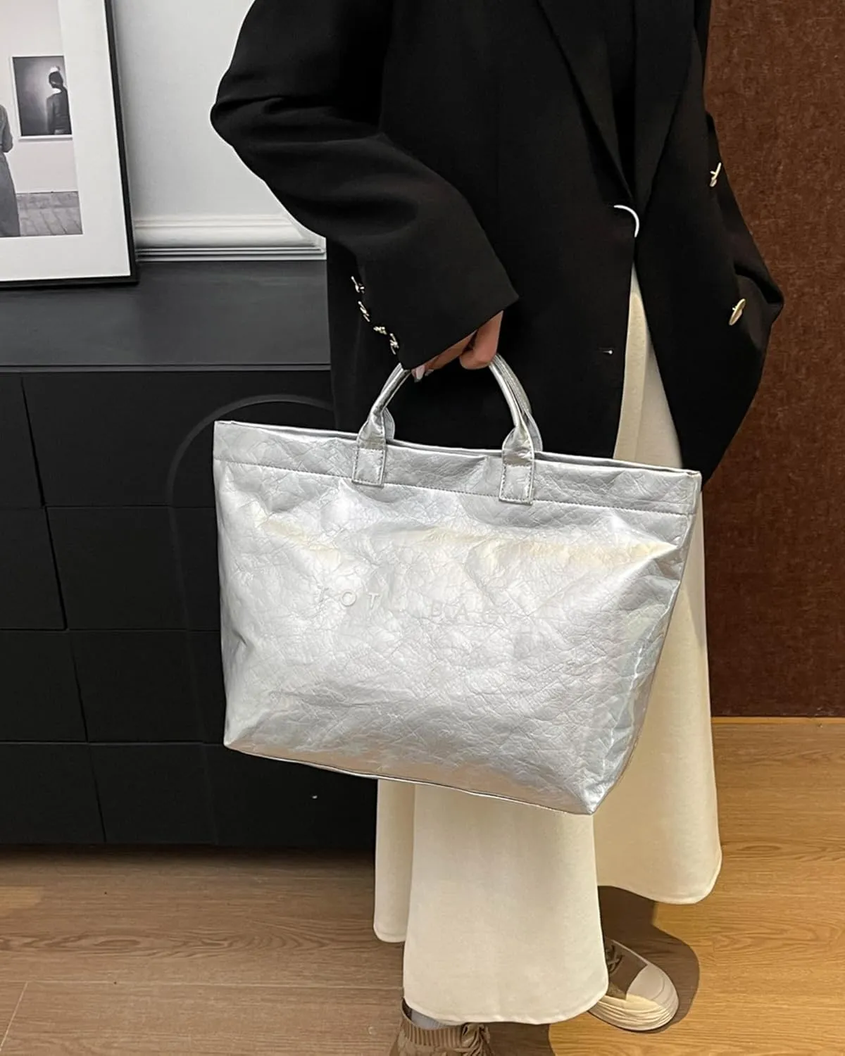PVC Trendy Tote Bag for Women, Kraft Paper Letter Print Tote Bag Large Work Tote Handbag with Top Handle