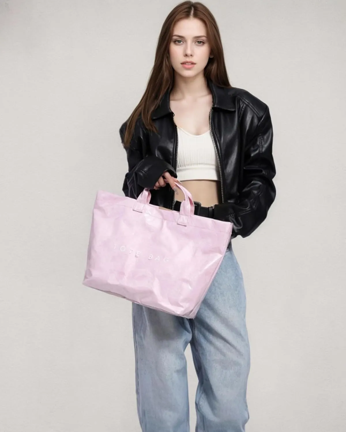 PVC Trendy Tote Bag for Women, Kraft Paper Letter Print Tote Bag Large Work Tote Handbag with Top Handle