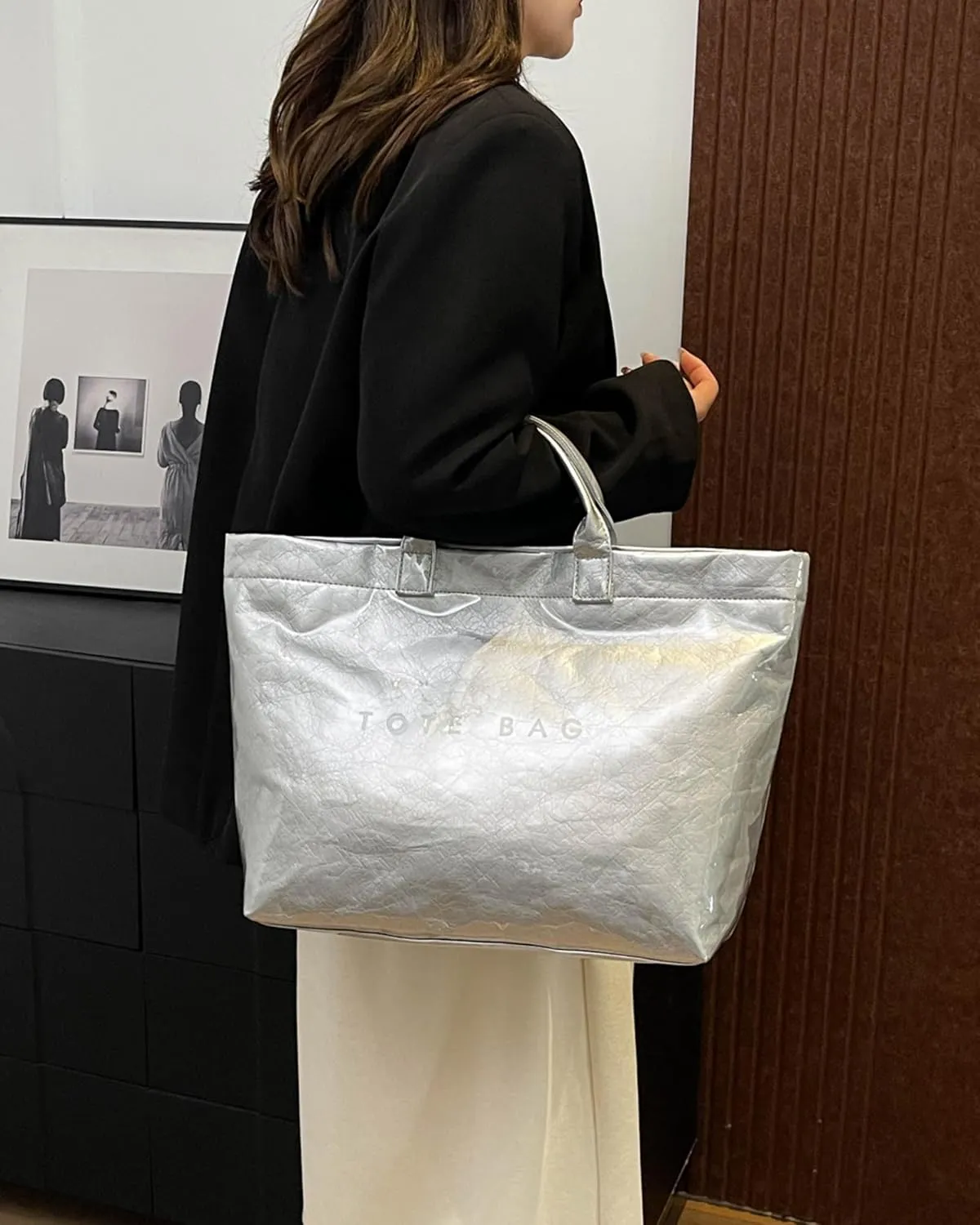 PVC Trendy Tote Bag for Women, Kraft Paper Letter Print Tote Bag Large Work Tote Handbag with Top Handle