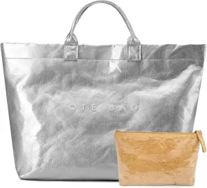 PVC Trendy Tote Bag for Women, Kraft Paper Letter Print Tote Bag Large Work Tote Handbag with Top Handle