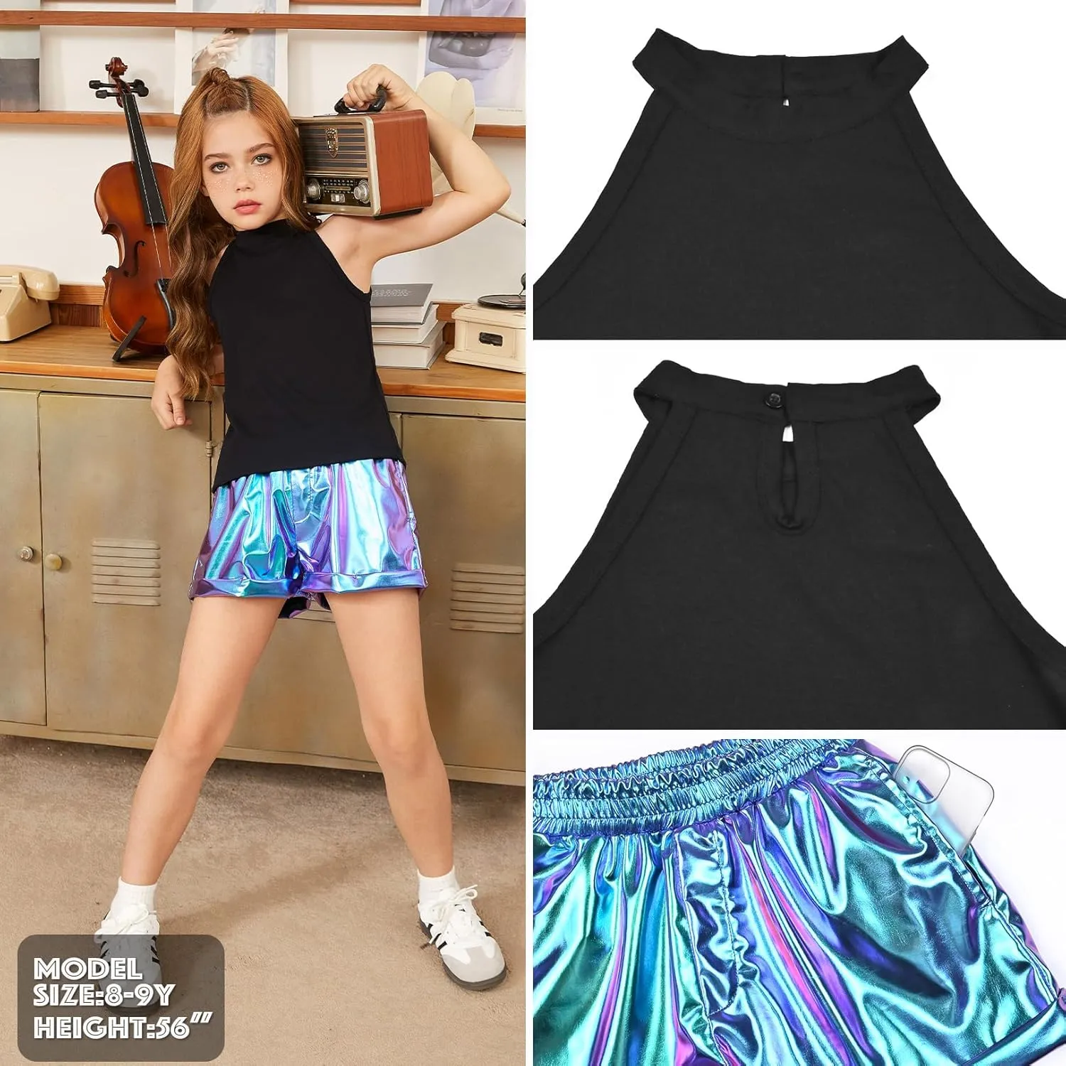 QPANCY Girl's 2 Piece Outfits Summer Solid Tank Top and Metallic Shorts Set