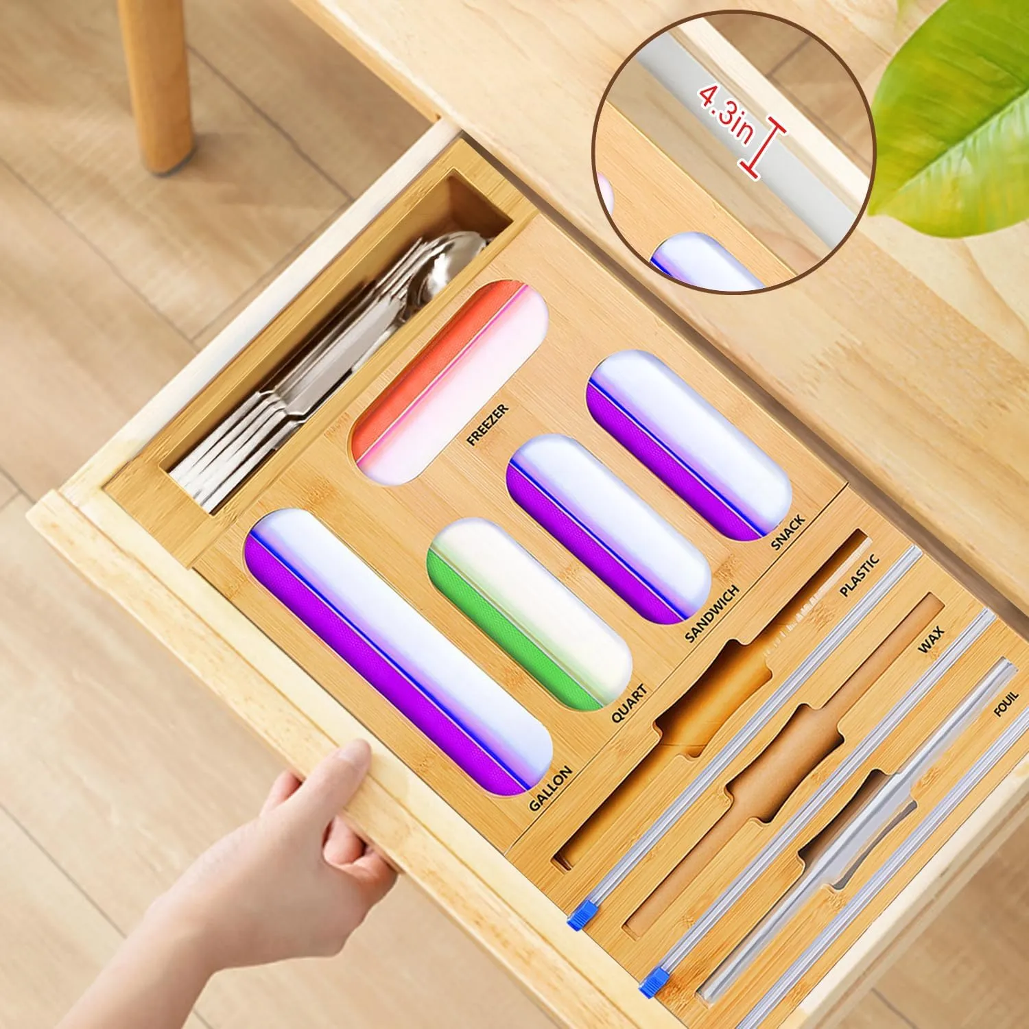 QPIX DIGITAL Storage Bag Organizer for Kitchen Drawer Bamboo Bag Organizer, 9 IN 1 Foil and Plastic Wrap Dispenser with Cutter, Foil Organizer,Compatible with Gallon Quart Sandwich & Snack Bag
