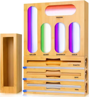 QPIX DIGITAL Storage Bag Organizer for Kitchen Drawer Bamboo Bag Organizer, 9 IN 1 Foil and Plastic Wrap Dispenser with Cutter, Foil Organizer,Compatible with Gallon Quart Sandwich & Snack Bag