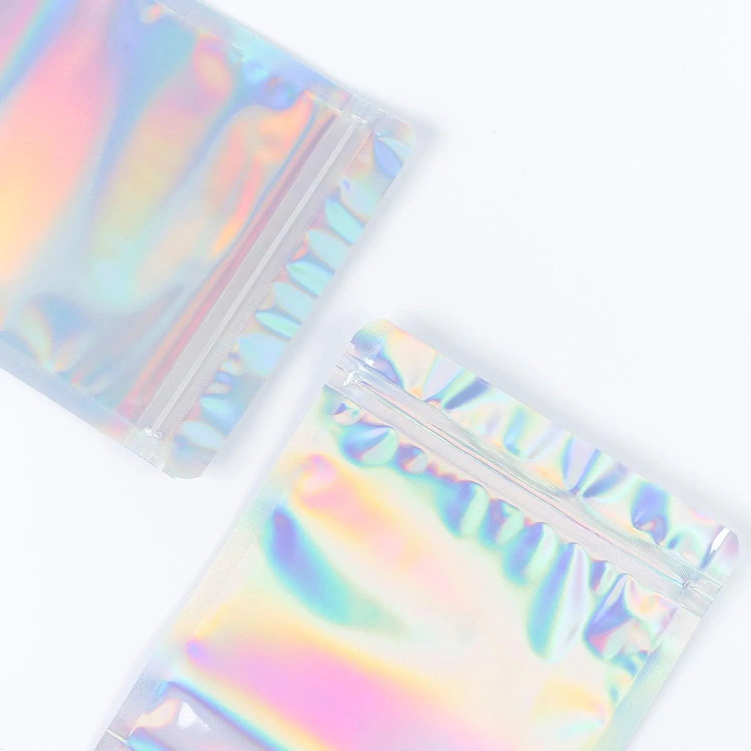 QQ Studio 100 Windowed Silver Holographic Stand Up Packaging Bags with QuickQlick™ Seal for Cosmetics and Makeup (14x20cm (5.5x7.9"), Clear & Silver Holographic)