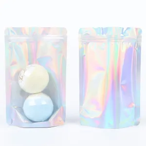 QQ Studio 100 Windowed Silver Holographic Stand Up Packaging Bags with QuickQlick™ Seal for Cosmetics and Makeup (14x20cm (5.5x7.9"), Clear & Silver Holographic)