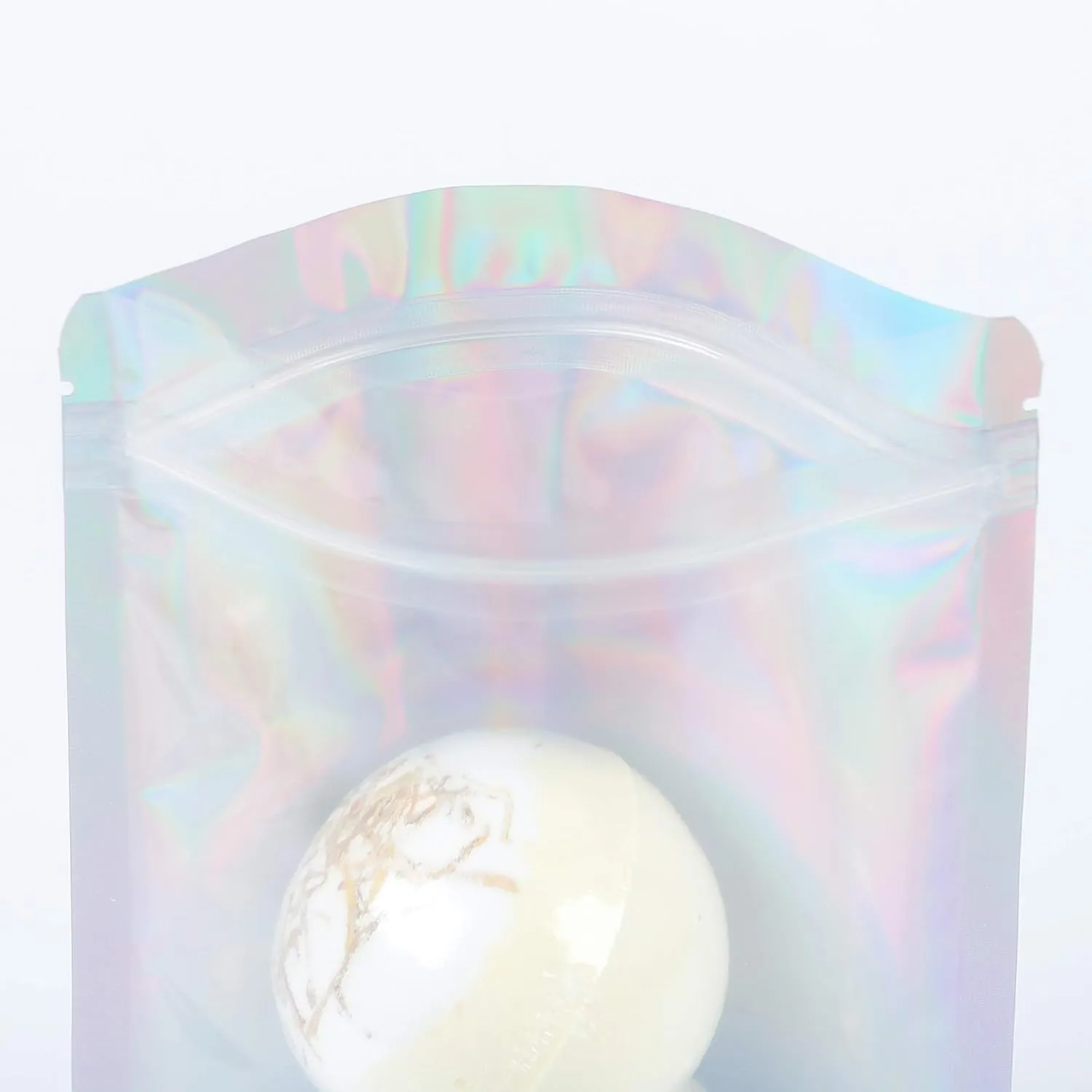 QQ Studio 100 Windowed Silver Holographic Stand Up Packaging Bags with QuickQlick™ Seal for Cosmetics and Makeup (14x20cm (5.5x7.9"), Clear & Silver Holographic)