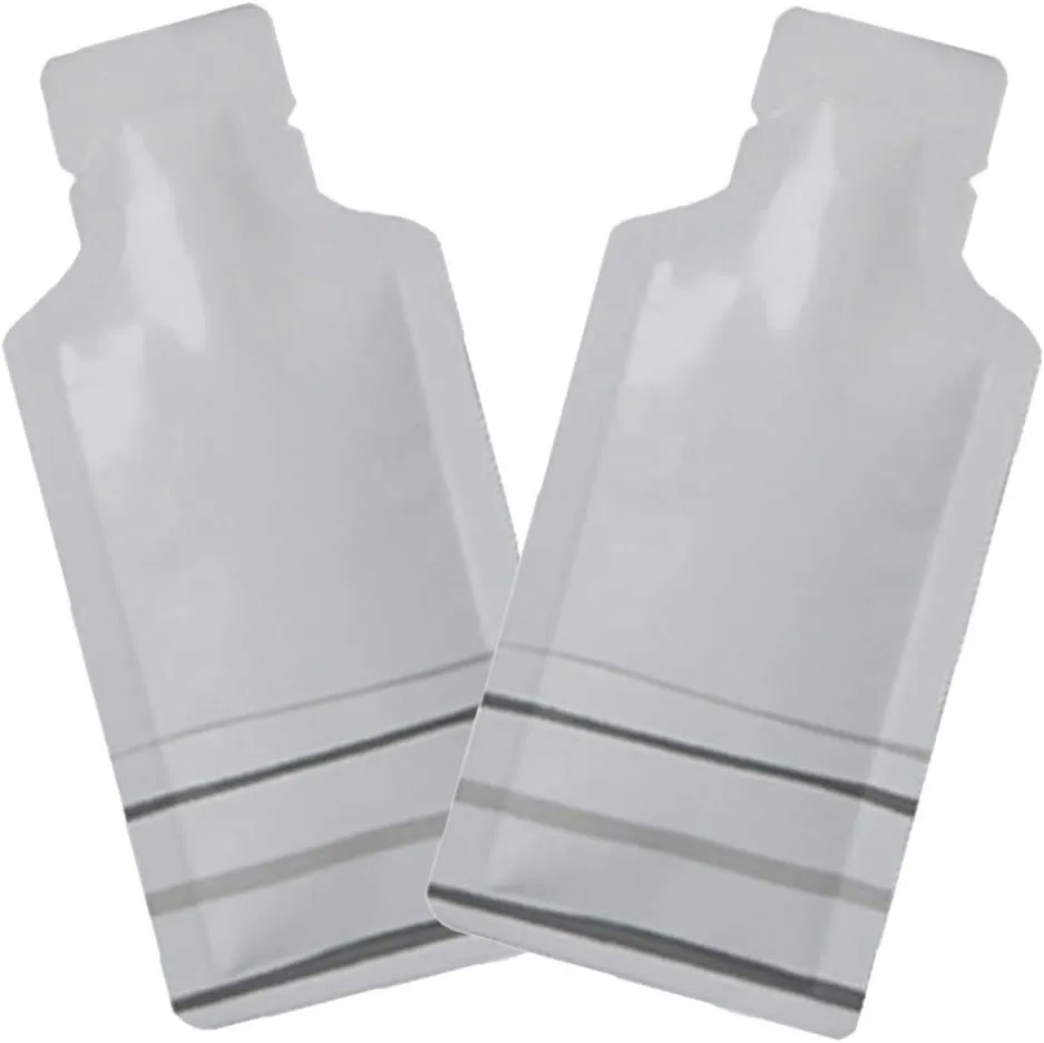QQ Studio Pack of 100 Color Aluminum Metallized Foil Single-Use Dispenser Tip Open Bottom Heat Seal Sample Pouch (2" x 4.3", White w/Gray Bottom Stripes)