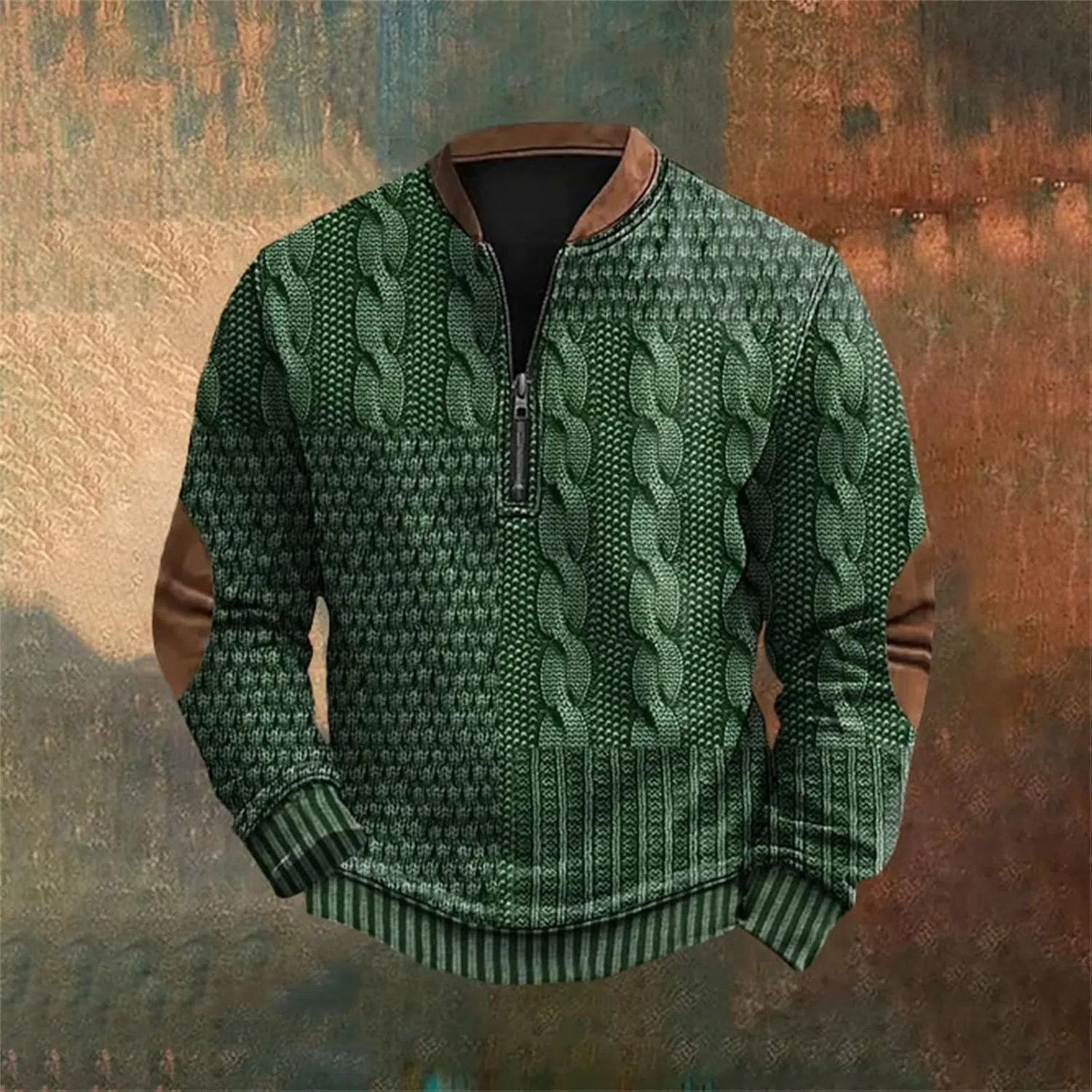 Quarter Zip Sweatshirts for Men Vintage Long Sleeve 3D Knit Pattern Golf Polo Shirts Stand Collar Pullover Sweater