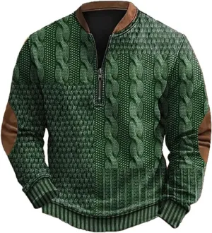 Quarter Zip Sweatshirts for Men Vintage Long Sleeve 3D Knit Pattern Golf Polo Shirts Stand Collar Pullover Sweater
