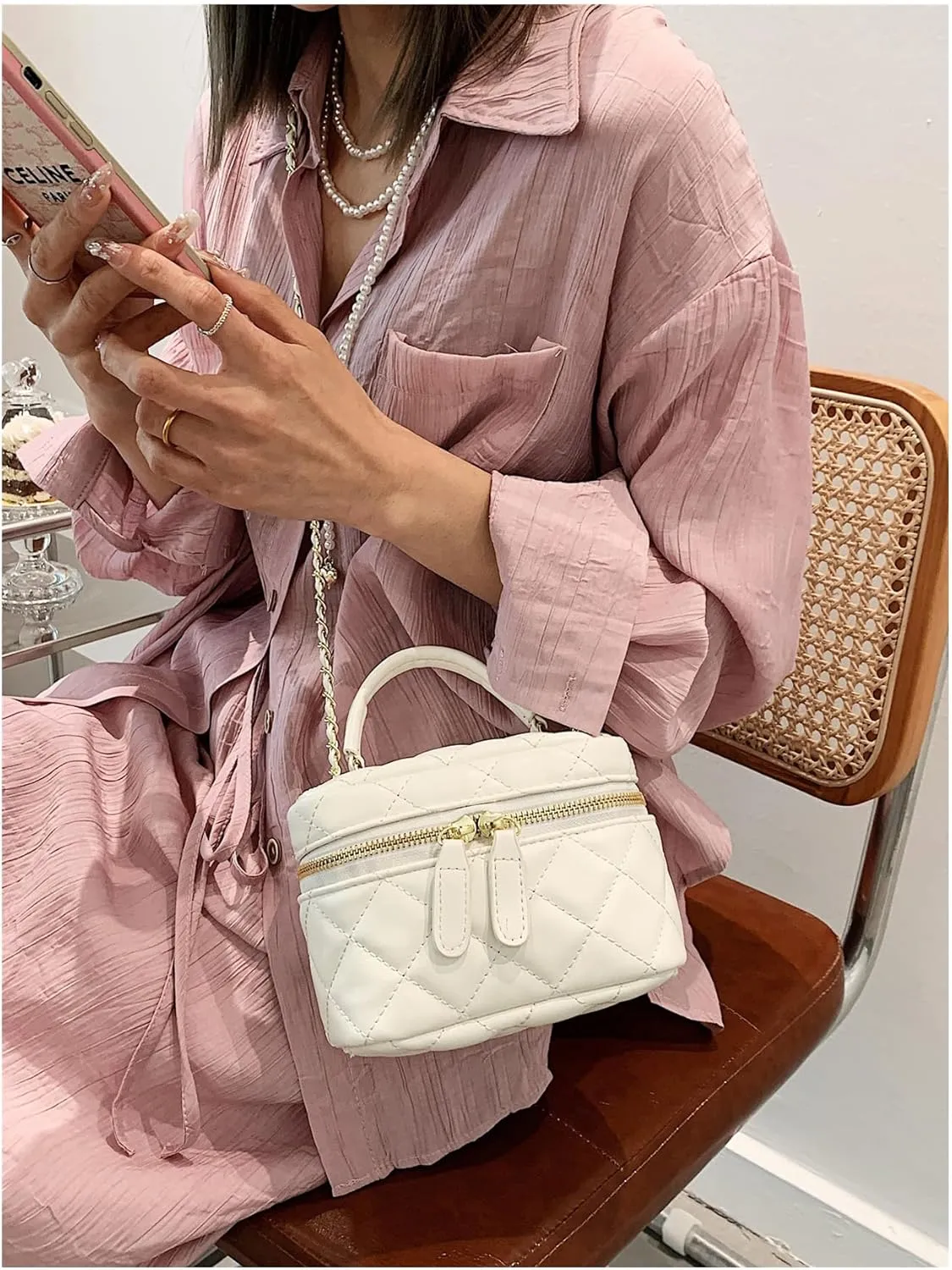 QWINEE Women's Silver Top Handle Crossbody Bag Small Crocodile Embossed Satchel Bag Mini Bucket Handbag
