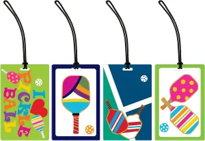 R. Nichols Pickleball Luggage Tag Set - Sturdy Waterproof Plastic Travel Labels for Baggage, Suitcases, Backpacks, and Diaper Bags, 4 Assorted 2.5 Inch x 4 Inch Tags with Black Loop Attachments