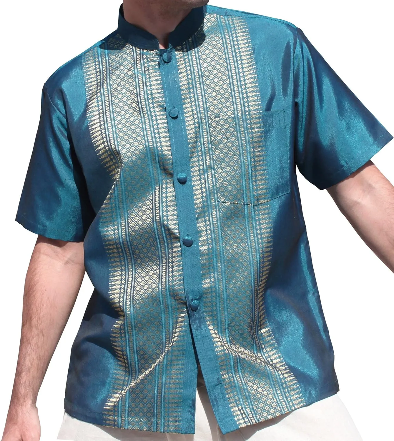 RaanPahMuang Short Sleeve Formal Chinese Woven Motif Silk Shirt
