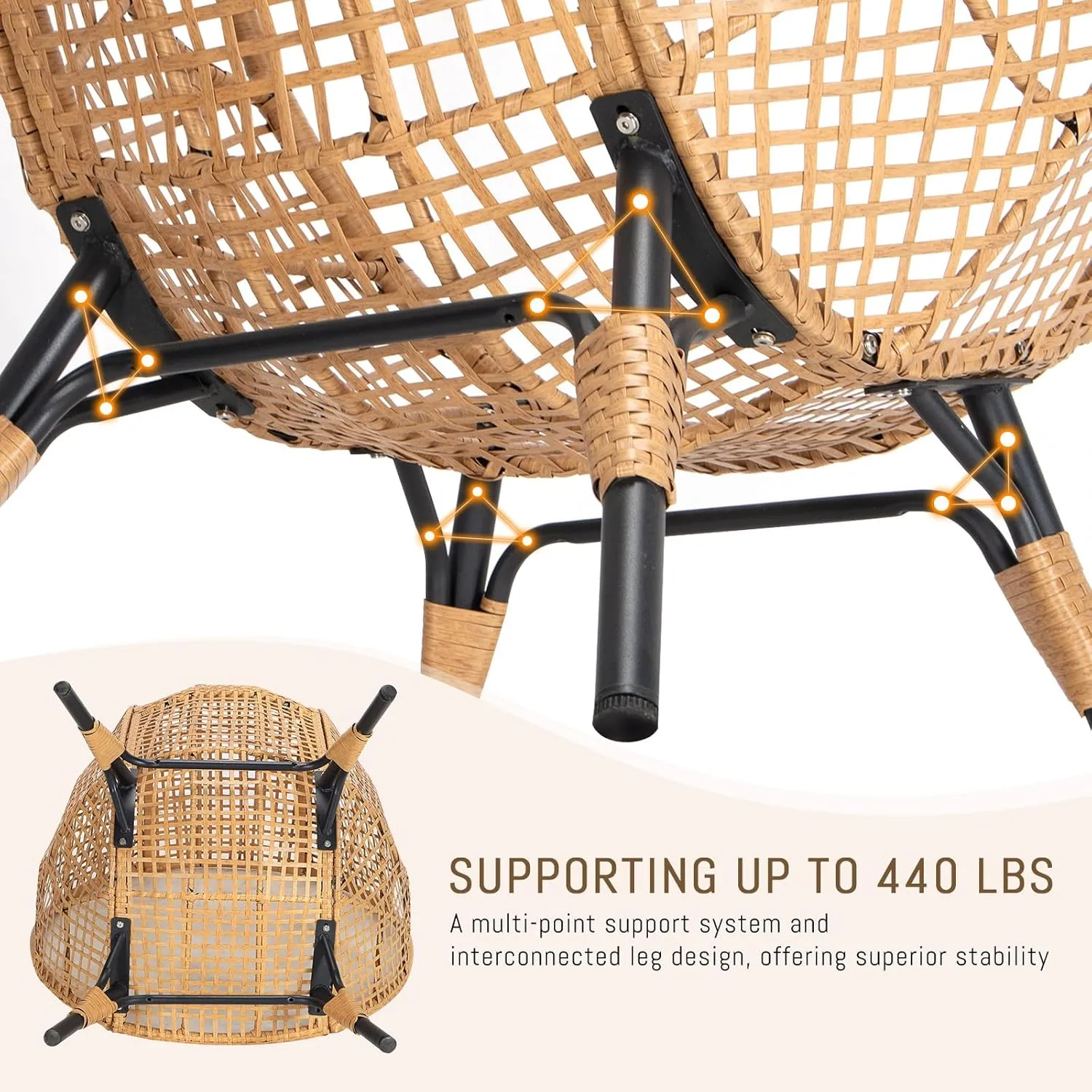 RADIATA Egg Chair with Footrest, Wicker Patio Lounger with Ottoman, Oversized Rattan Egg Shaped Chair with Leg for Indoor Outdoor Patio Balcony Garden (Nature)