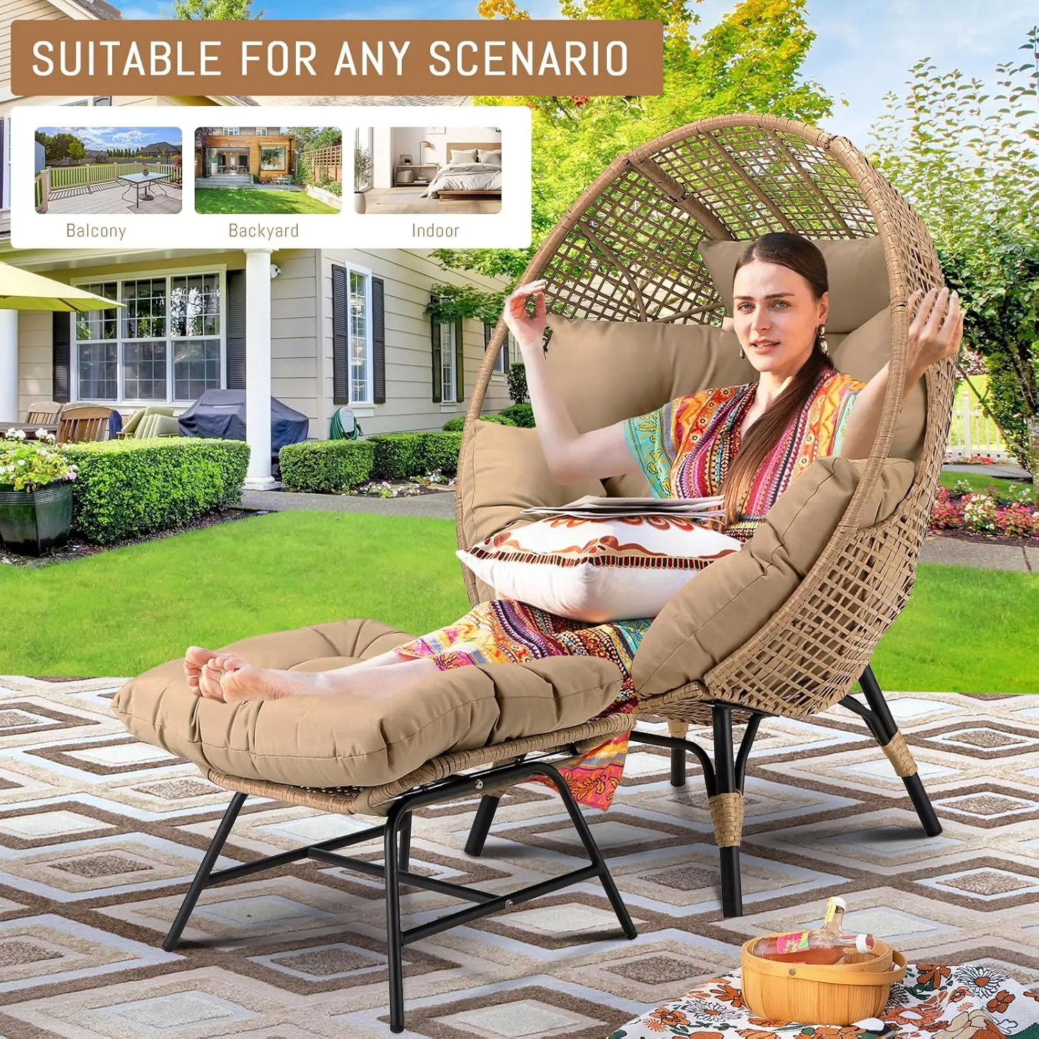 RADIATA Egg Chair with Footrest, Wicker Patio Lounger with Ottoman, Oversized Rattan Egg Shaped Chair with Leg for Indoor Outdoor Patio Balcony Garden (Nature)