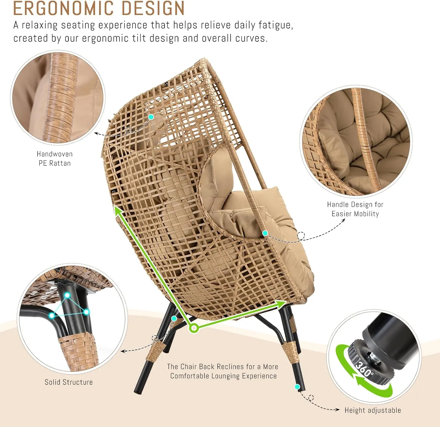 RADIATA Egg Chair with Footrest, Wicker Patio Lounger with Ottoman, Oversized Rattan Egg Shaped Chair with Leg for Indoor Outdoor Patio Balcony Garden (Nature)