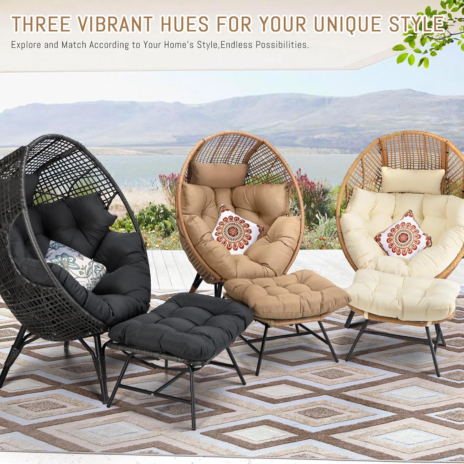 RADIATA Egg Chair with Footrest, Wicker Patio Lounger with Ottoman, Oversized Rattan Egg Shaped Chair with Leg for Indoor Outdoor Patio Balcony Garden (Nature)