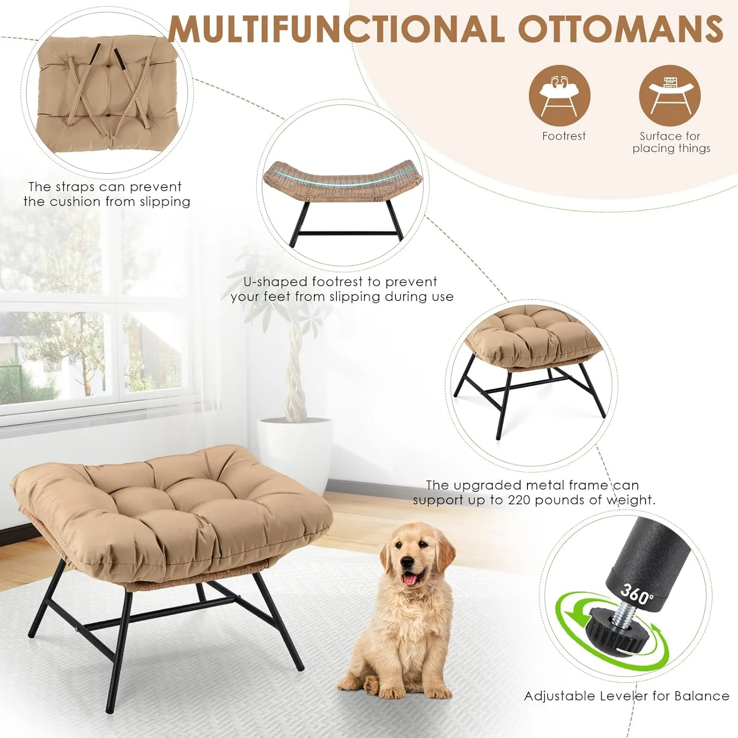 RADIATA Egg Chair with Footrest, Wicker Patio Lounger with Ottoman, Oversized Rattan Egg Shaped Chair with Leg for Indoor Outdoor Patio Balcony Garden (Nature)