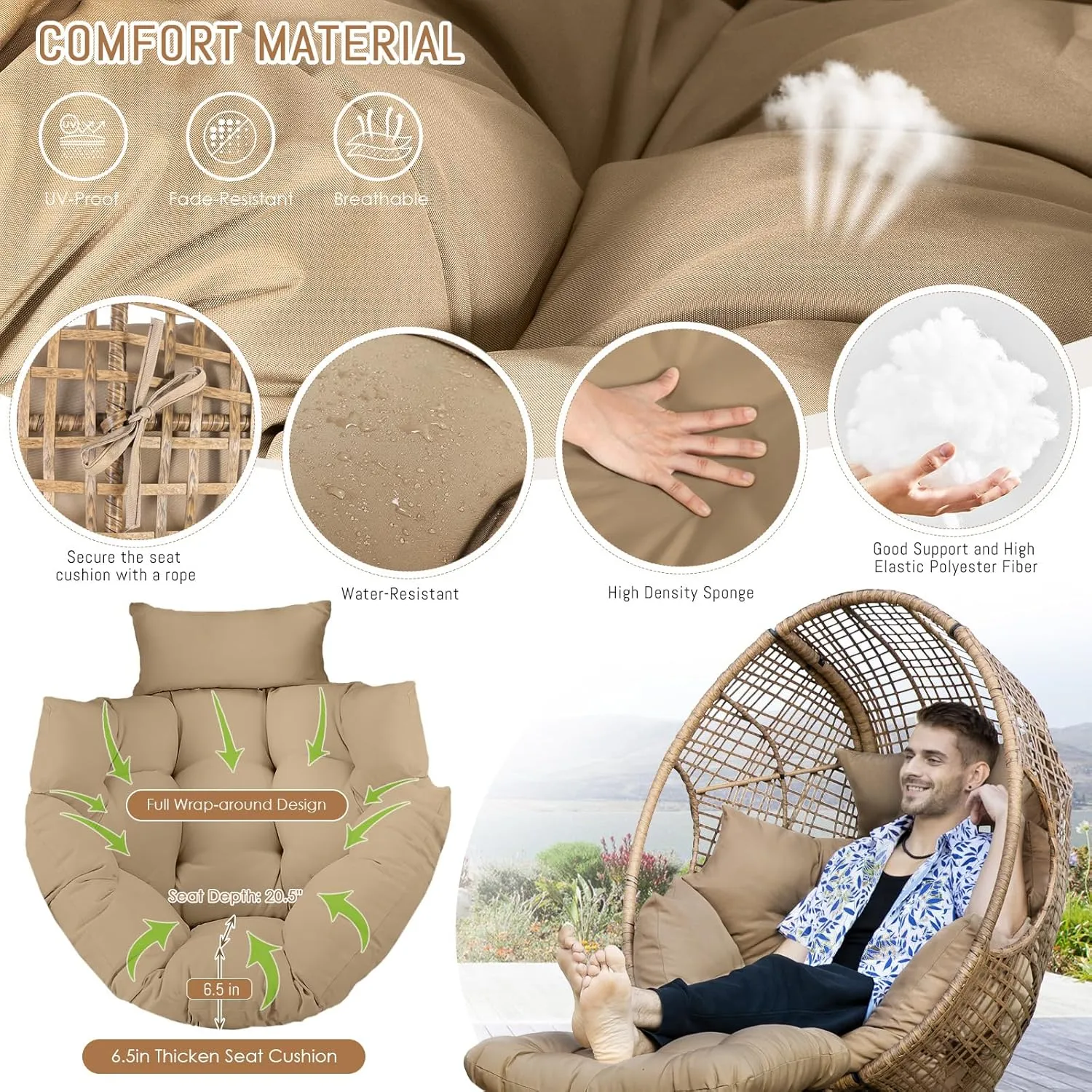 RADIATA Egg Chair with Footrest, Wicker Patio Lounger with Ottoman, Oversized Rattan Egg Shaped Chair with Leg for Indoor Outdoor Patio Balcony Garden (Nature)