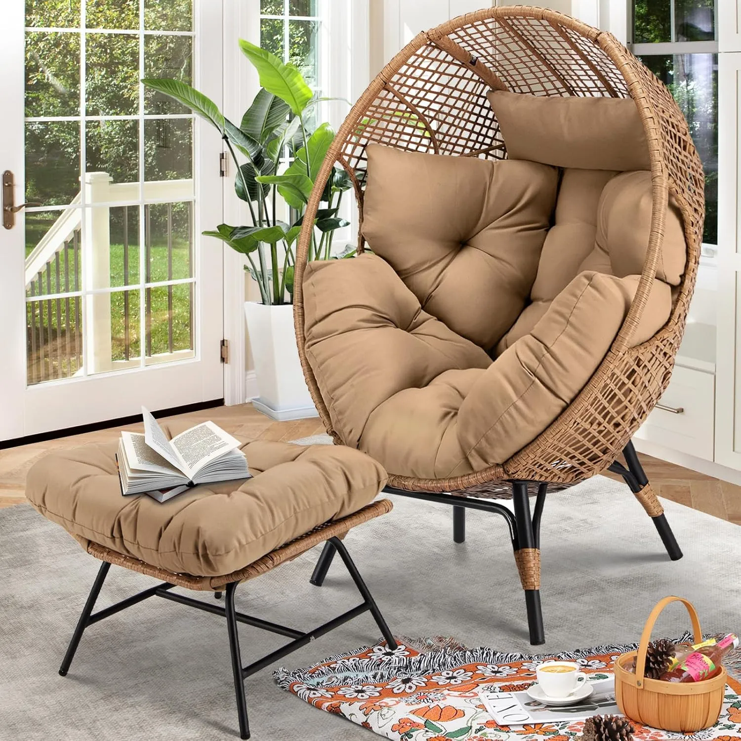 RADIATA Egg Chair with Footrest, Wicker Patio Lounger with Ottoman, Oversized Rattan Egg Shaped Chair with Leg for Indoor Outdoor Patio Balcony Garden (Nature)