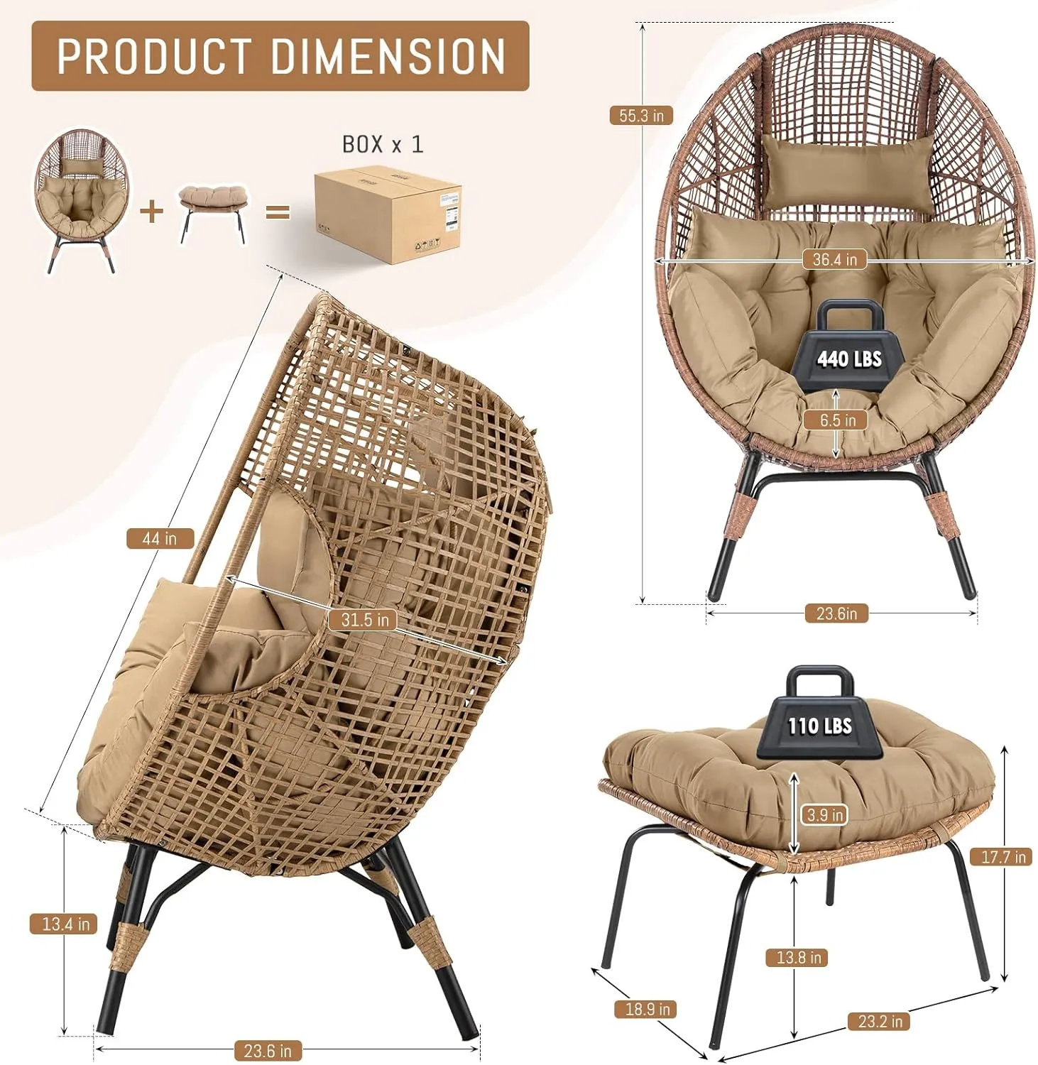 RADIATA Egg Chair with Footrest, Wicker Patio Lounger with Ottoman, Oversized Rattan Egg Shaped Chair with Leg for Indoor Outdoor Patio Balcony Garden (Nature)