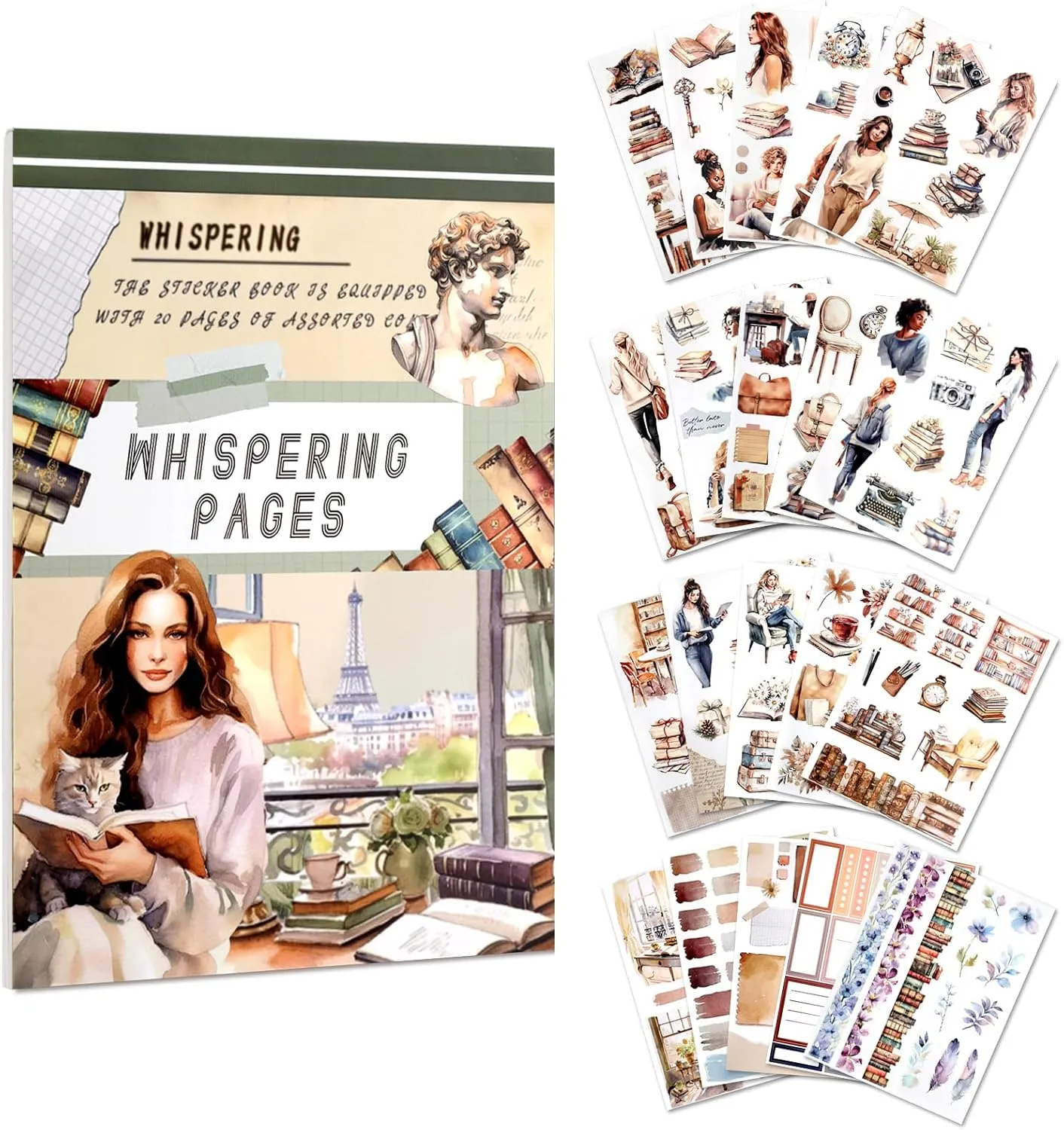 Reading Themed Journaling Stickers for Women, Paper & PET Aesthetic Scrapbook Sticker Book with 225 Images for Junk Journal, Planner and Collage