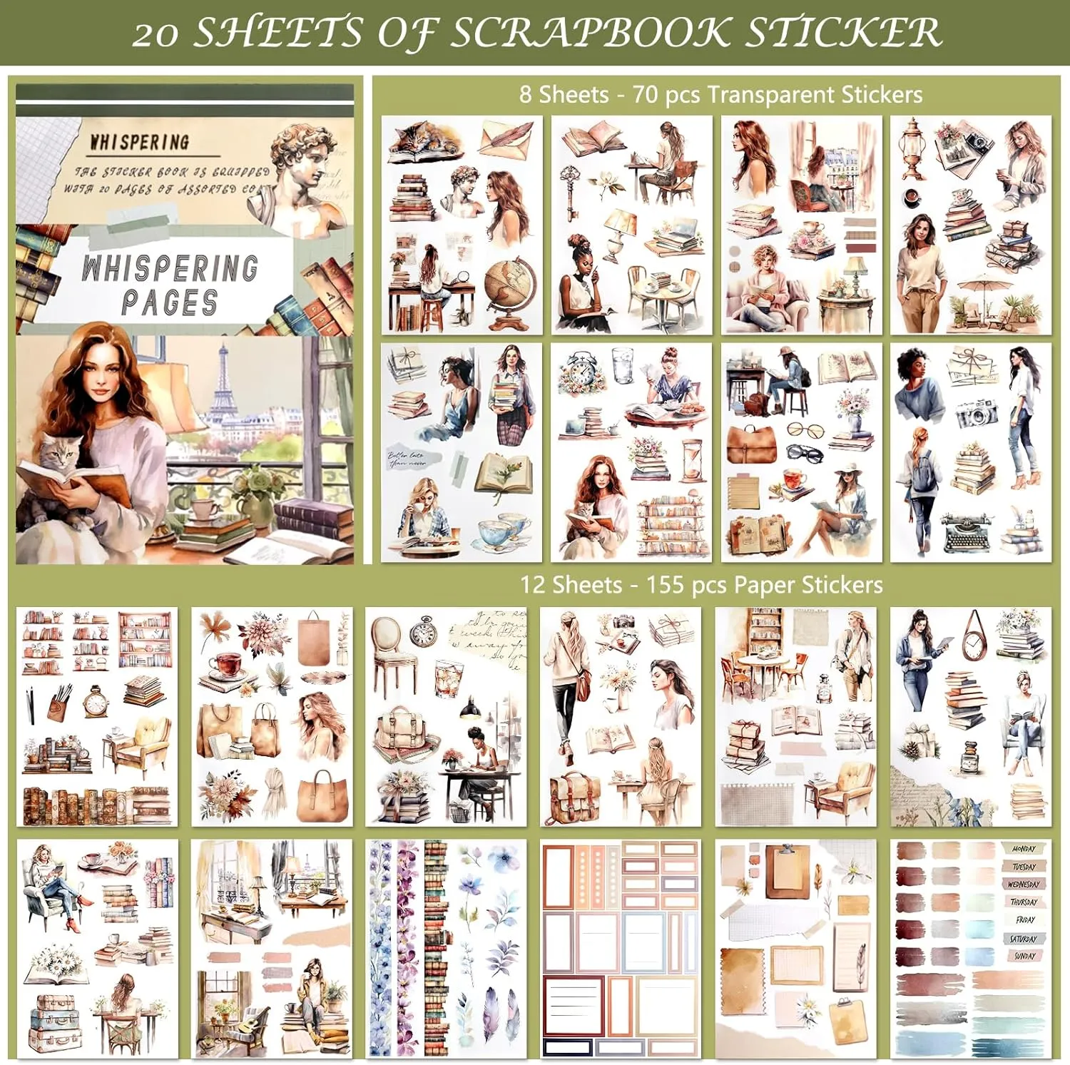 Reading Themed Journaling Stickers for Women, Paper & PET Aesthetic Scrapbook Sticker Book with 225 Images for Junk Journal, Planner and Collage