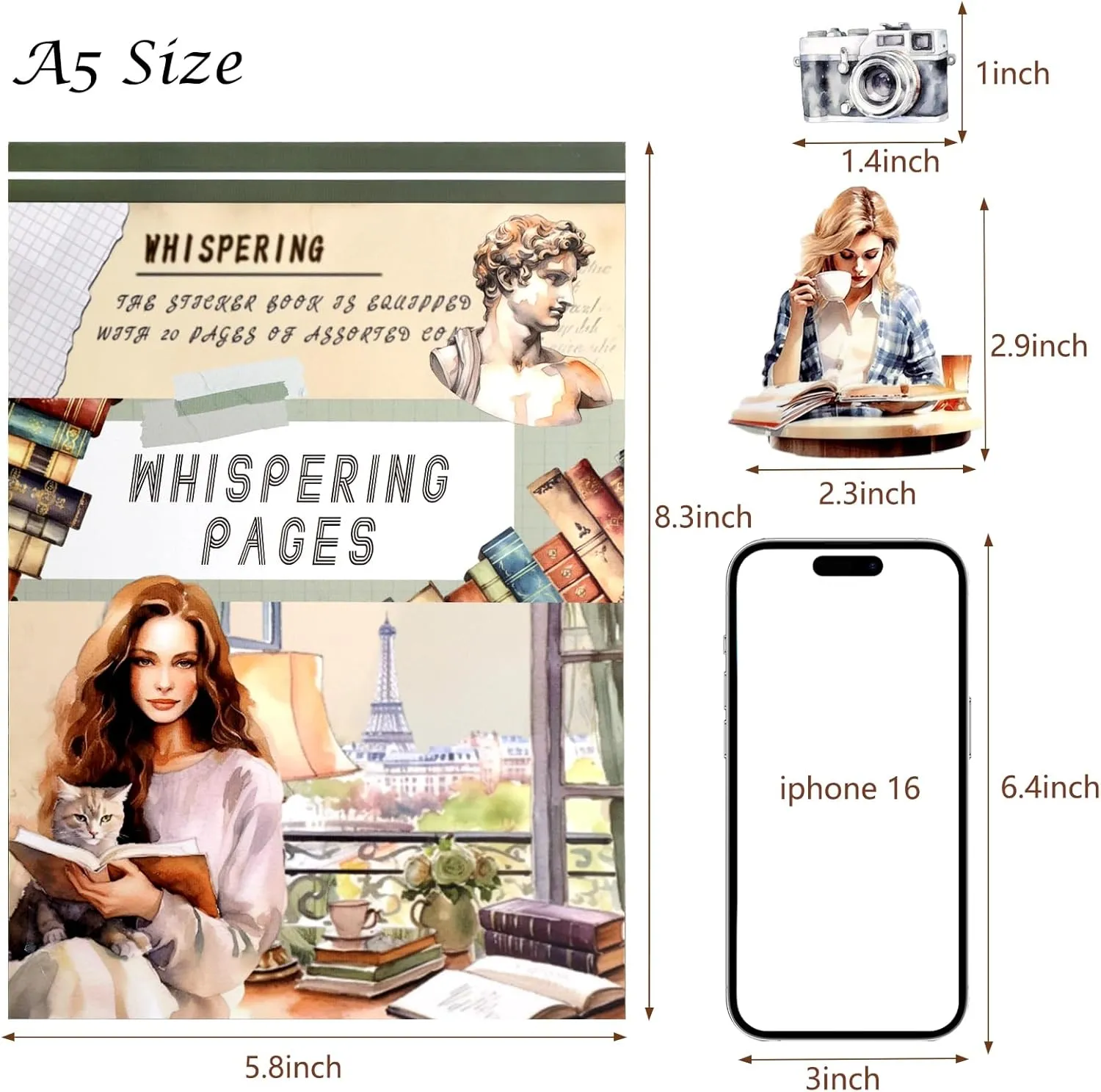 Reading Themed Journaling Stickers for Women, Paper & PET Aesthetic Scrapbook Sticker Book with 225 Images for Junk Journal, Planner and Collage