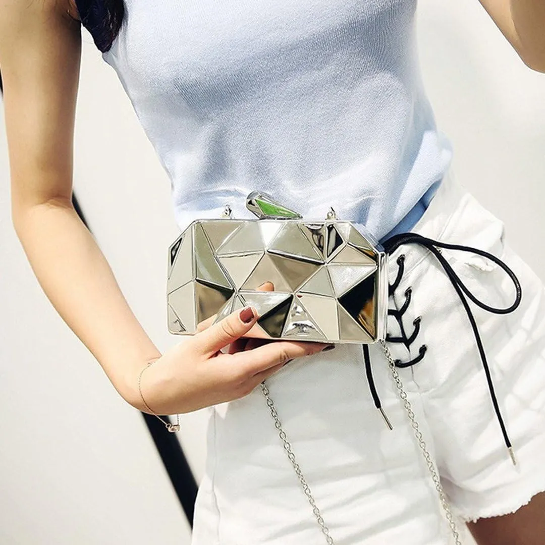 Reberomantic Women Lattice Pattern Metal Handbag Chain Geometric Evening Clutch Purse