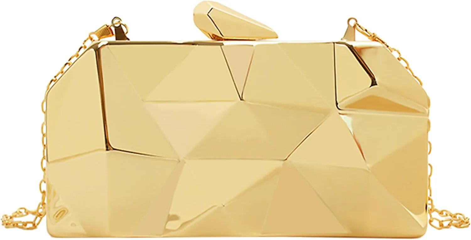 Reberomantic Women Lattice Pattern Metal Handbag Chain Geometric Evening Clutch Purse