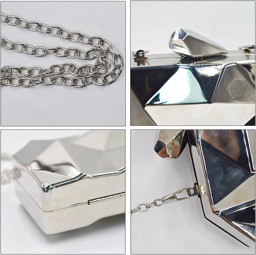 Reberomantic Women Lattice Pattern Metal Handbag Chain Geometric Evening Clutch Purse