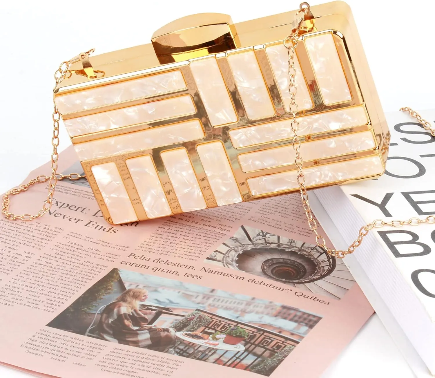 Reberomantic Women Lattice Pattern Metal Handbag Chain Geometric Evening Clutch Purse