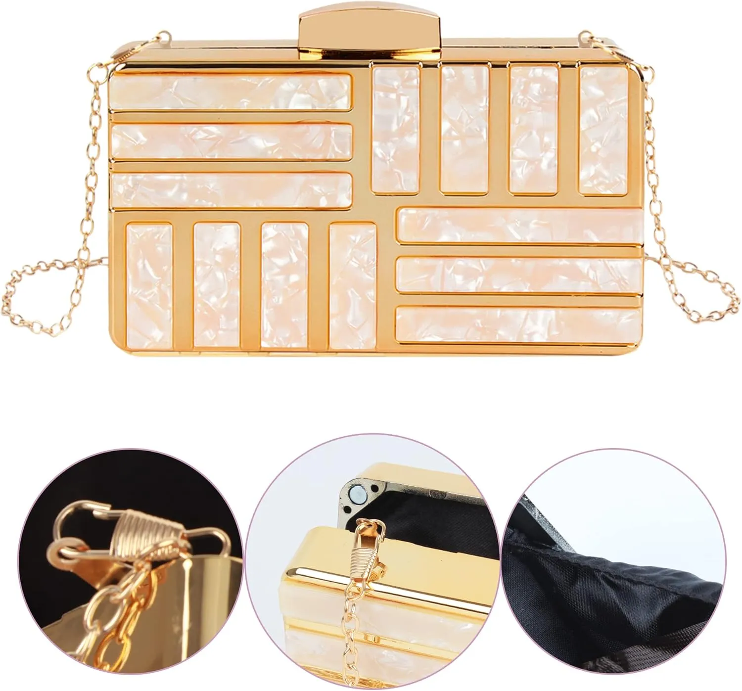 Reberomantic Women Lattice Pattern Metal Handbag Chain Geometric Evening Clutch Purse