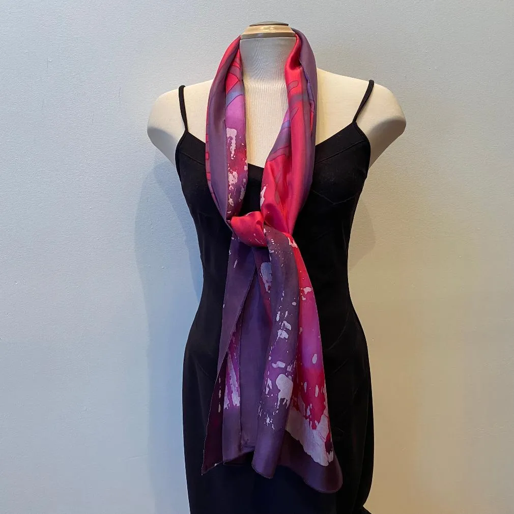 Red batik silk scarf, hand painted designer scarf, rozome