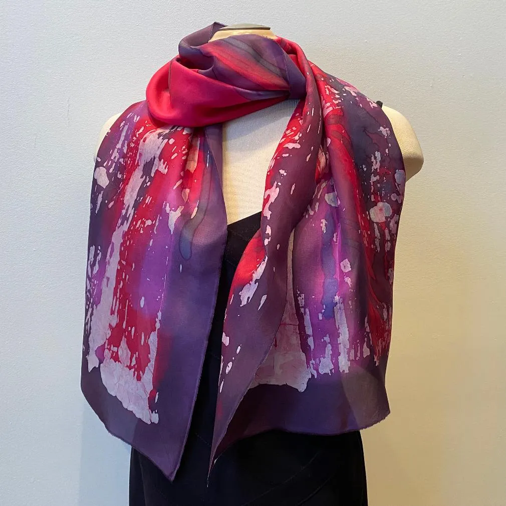 Red batik silk scarf, hand painted designer scarf, rozome