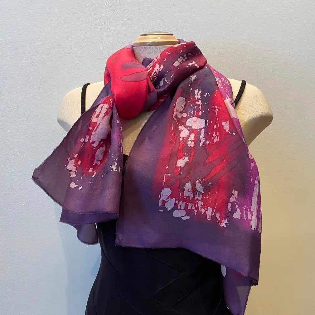 Red batik silk scarf, hand painted designer scarf, rozome
