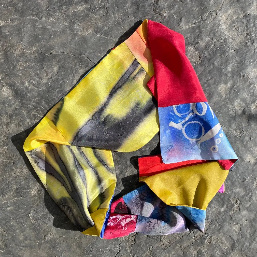 Red, yellow, and blue painted silk shawl, designer art scarf.