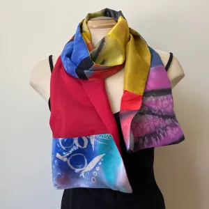 Red, yellow, and blue painted silk shawl, designer art scarf.