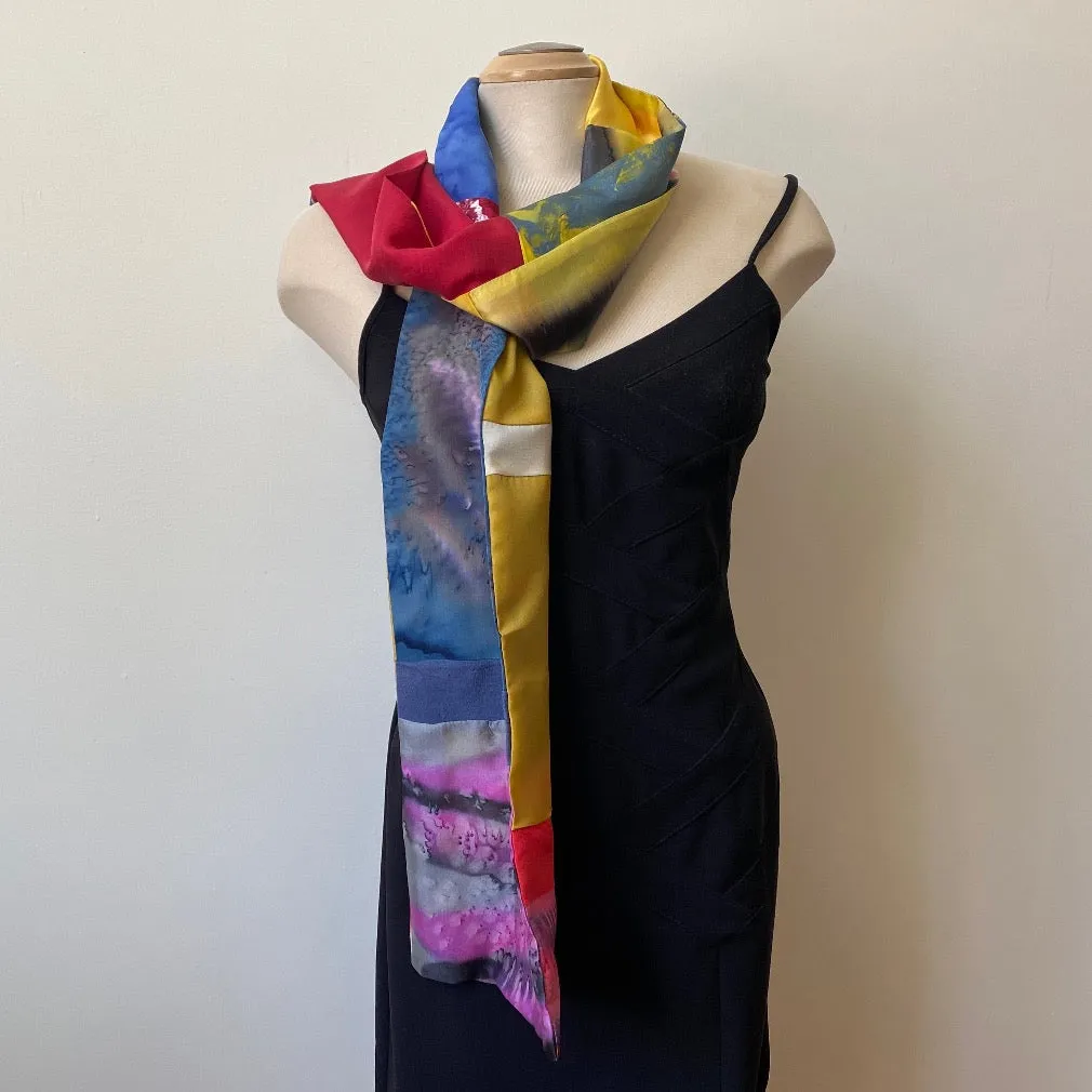 Red, yellow, and blue painted silk shawl, designer art scarf.